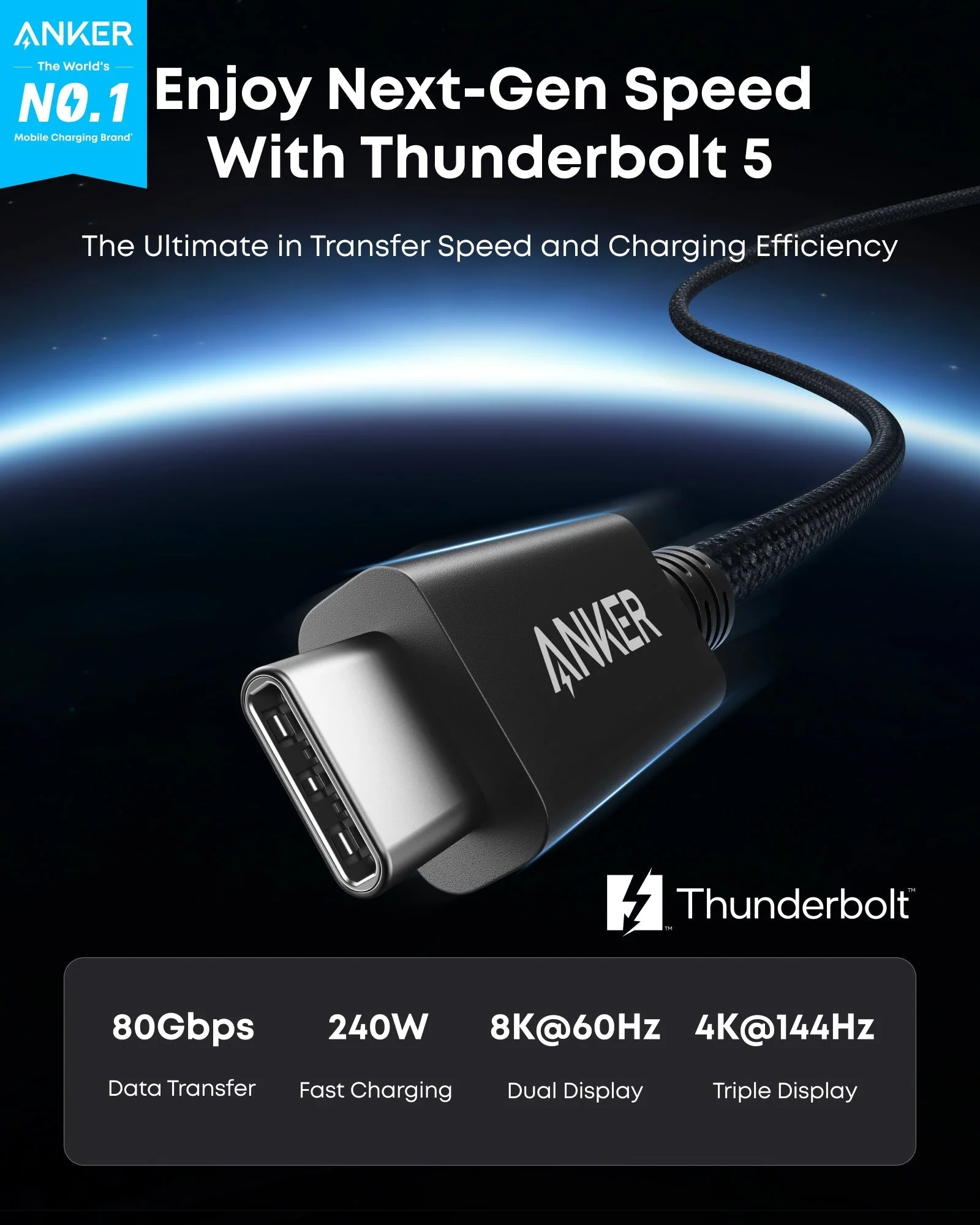 Anker Prime Thunderbolt 5 Cable (3.3 ft/1.7 ft, 80Gbps, 240W) - Image 7